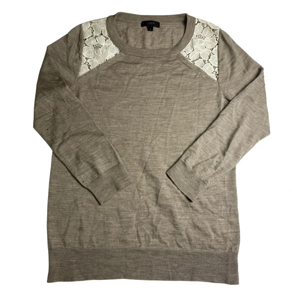 J. Crew‎ Womens 100% Merino Wool Lace Shoulder Sweater Taupe Brown Small